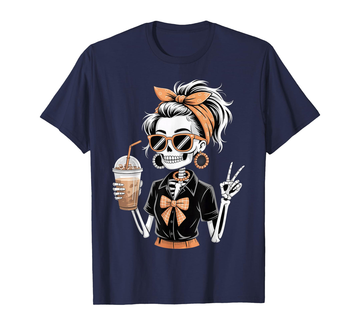 Skeleton Girl Drinking Coffee Lovers Peace Sign Graphic T-Shirt