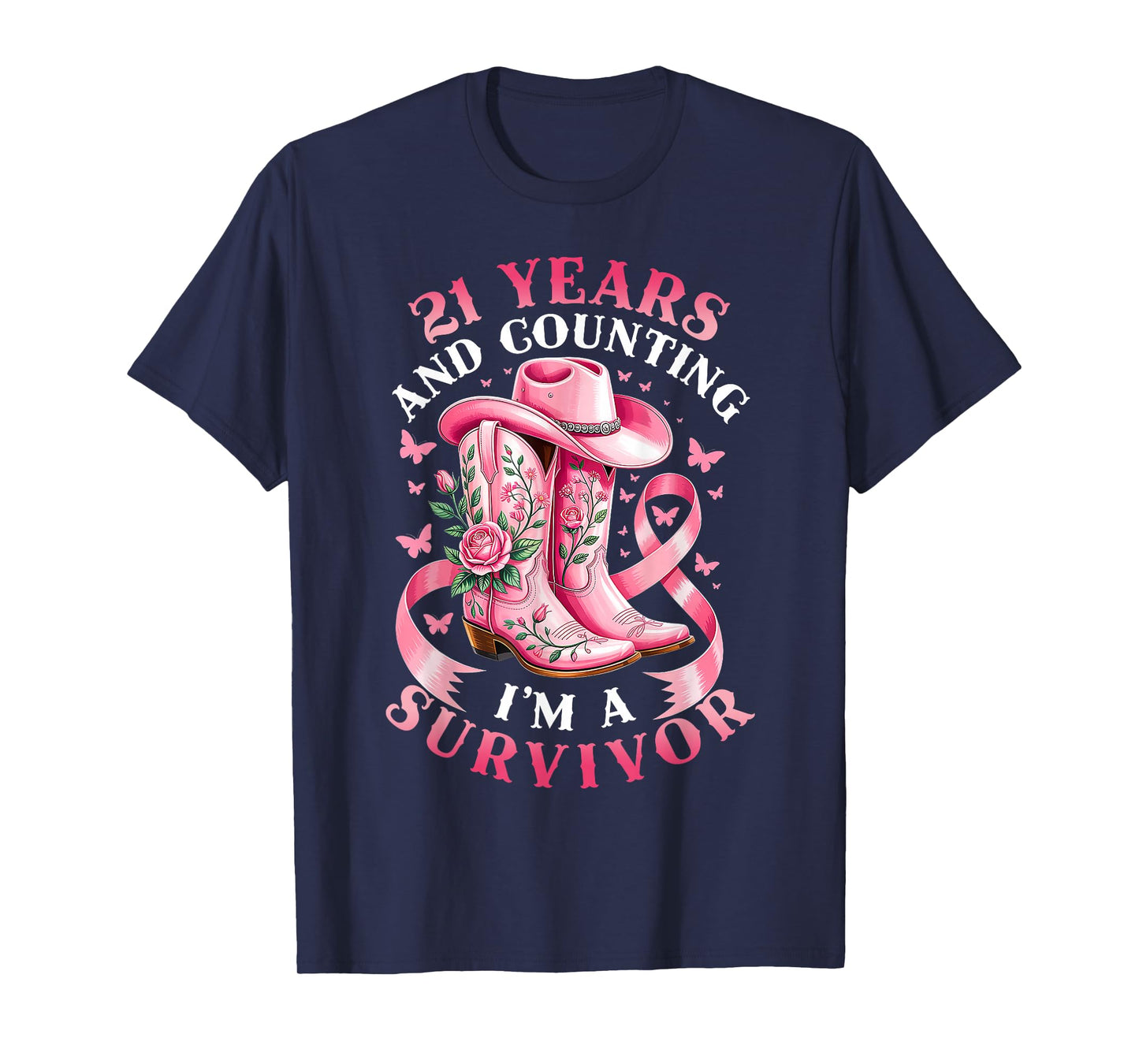 Breast Cancer 21 Years Survivor Pink Ribbon Cowgirl Gift T-Shirt