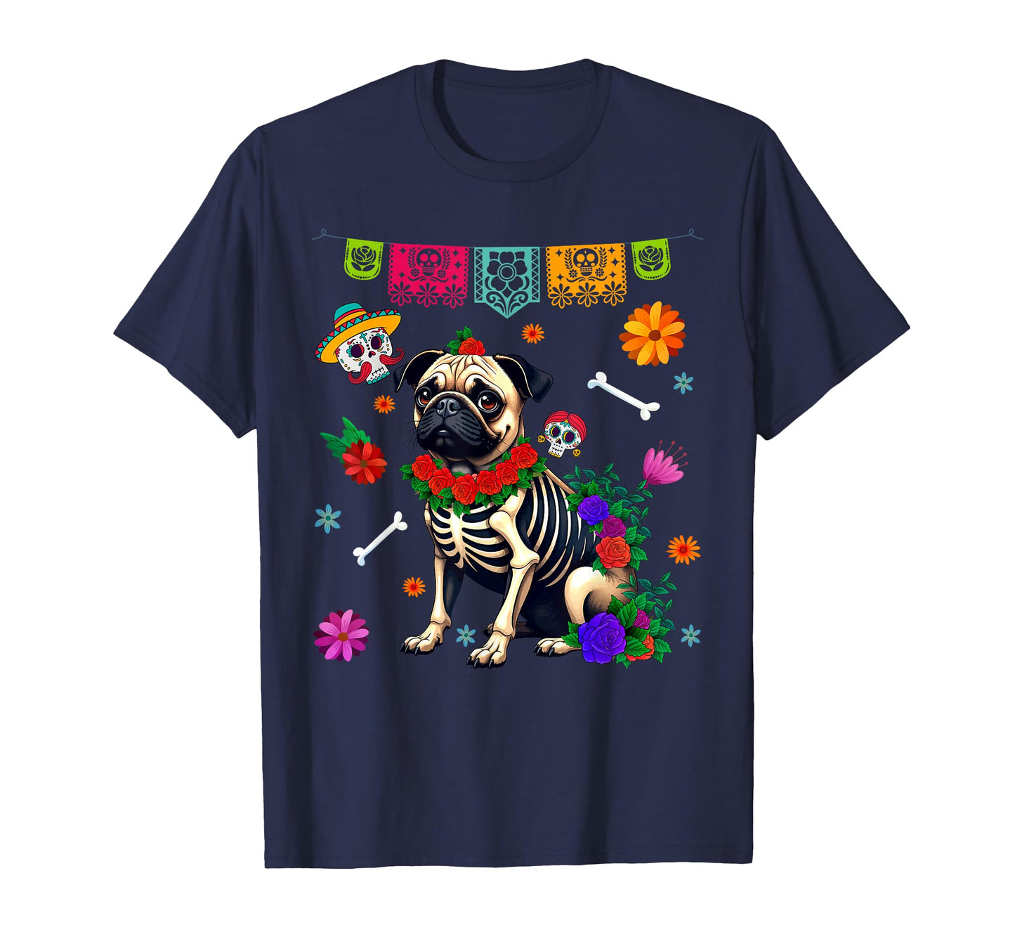 Funny Sugar Skull Pug Dog Flowers Dia de Muertos Halloween T-Shirt for Men Women