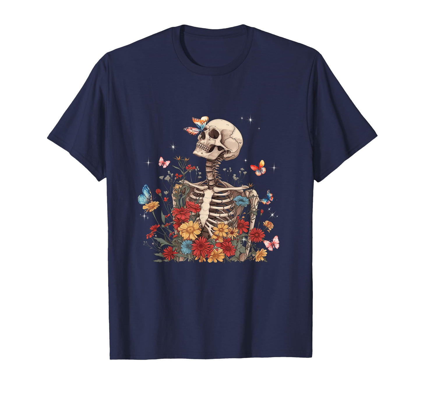 Skeleton Flowers Butterfly Floral Halloween Men Women T-Shirt