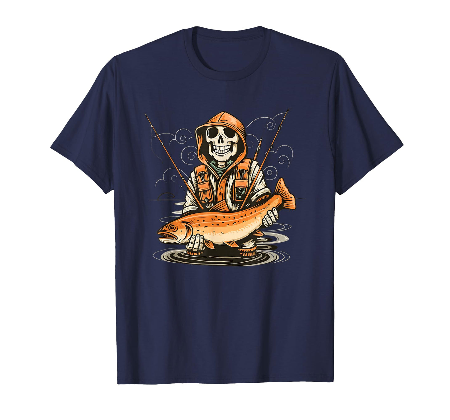Skeleton Fisherman Holding Big Catch Funny Fishing Halloween T-Shirt