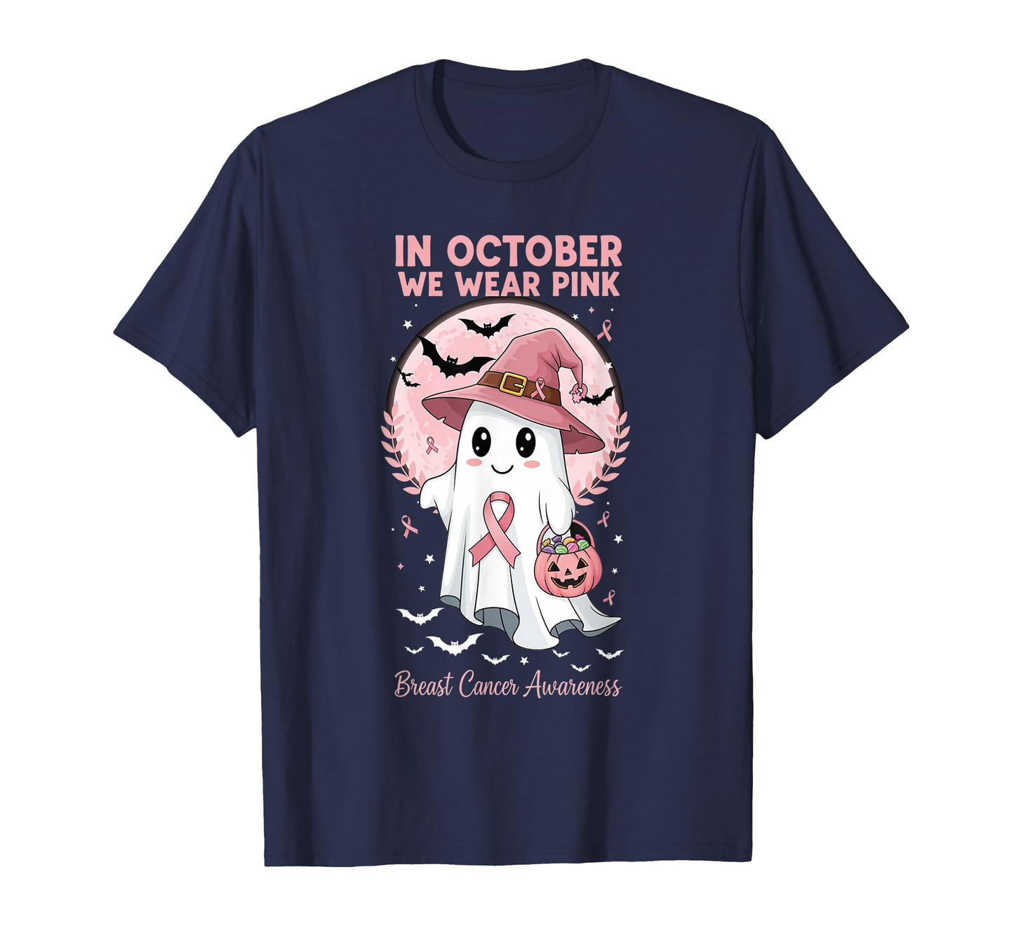 in October We Wear Pink Ghost Breast Cancer Awareness T-Shirt