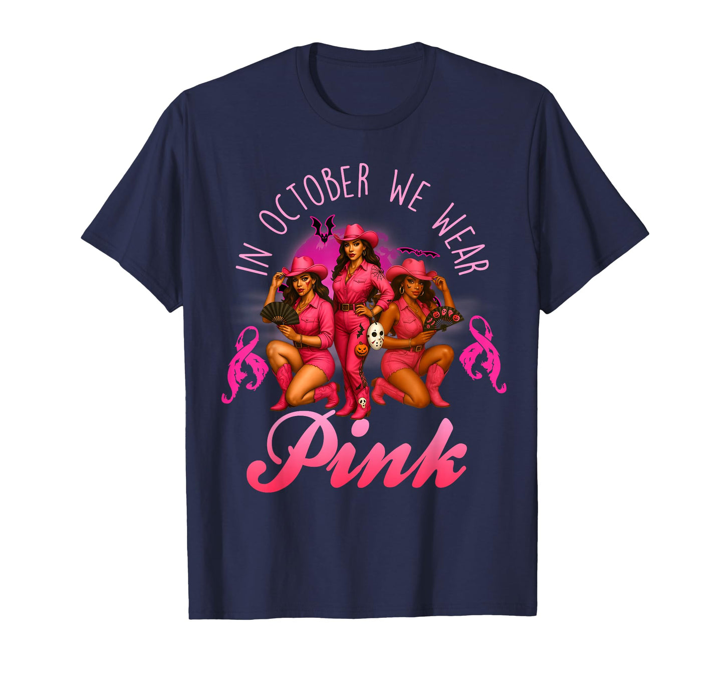 in October We Wear Pink Breast Cancer Halloween Cowgirl T-Shirt