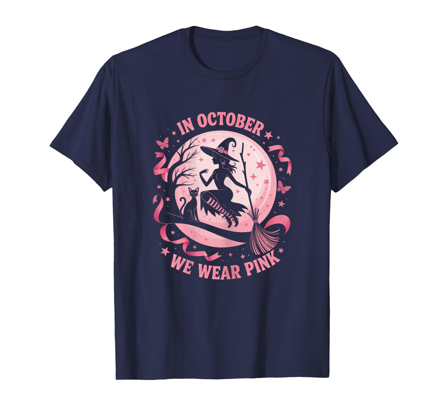 in October We Wear Pink Witch Halloween Awareness Women T-Shirt