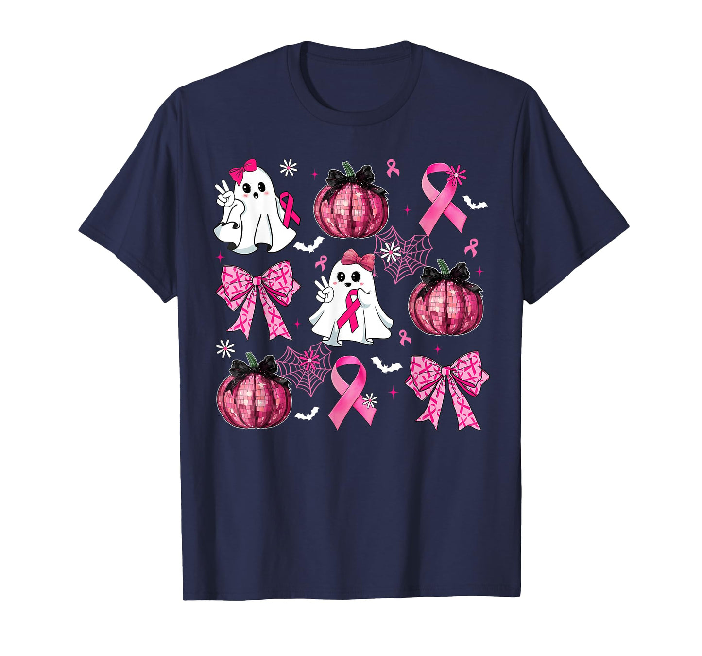 Halloween Pink Ghost Disco Pumpkin Bow Breast Cancer Girls T-Shirt