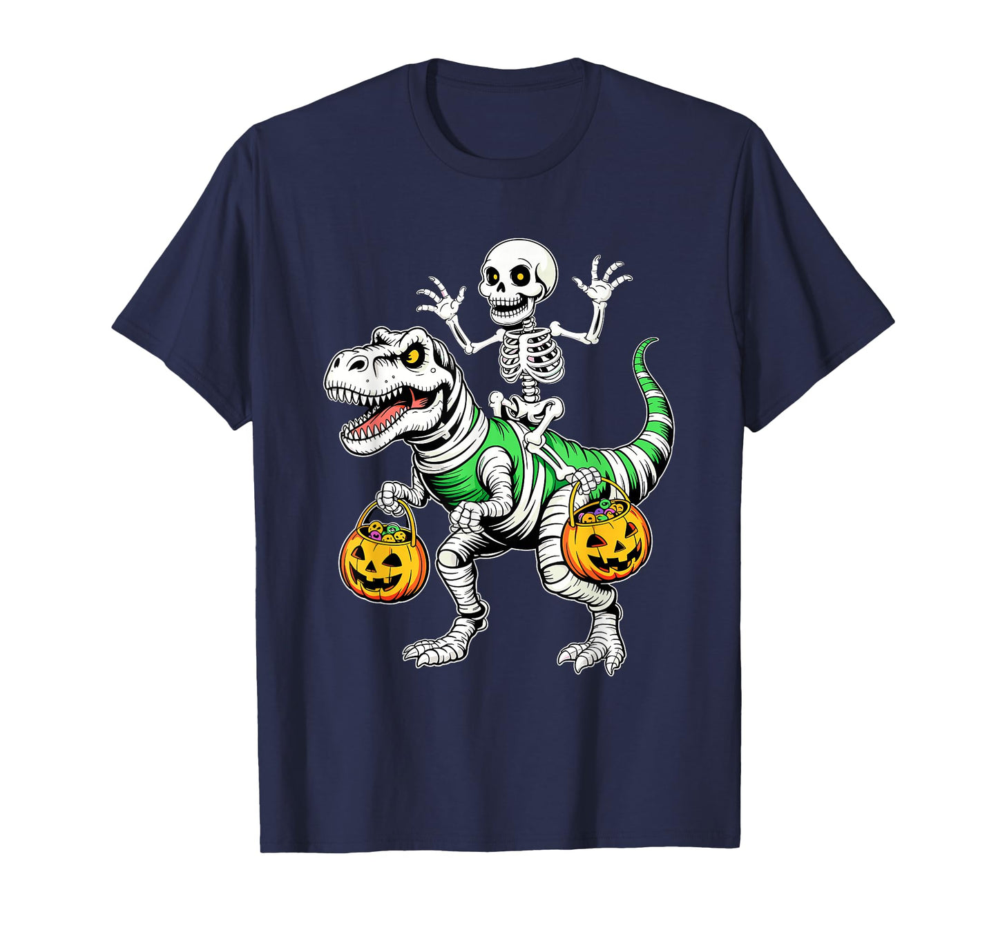 Skeleton Riding Mummy Dinosaur Trex Halloween Pumpkin Dash! T-Shirt