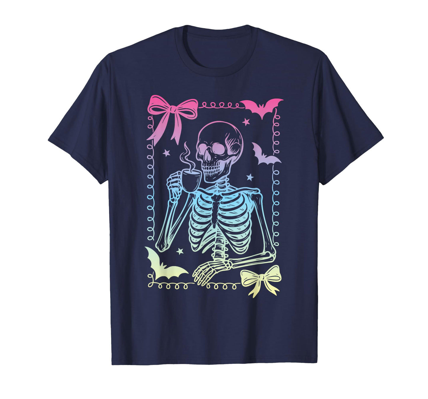 Coquette Bow Skeleton Coffee Pastel Goth Witch Girl Retro T-Shirt