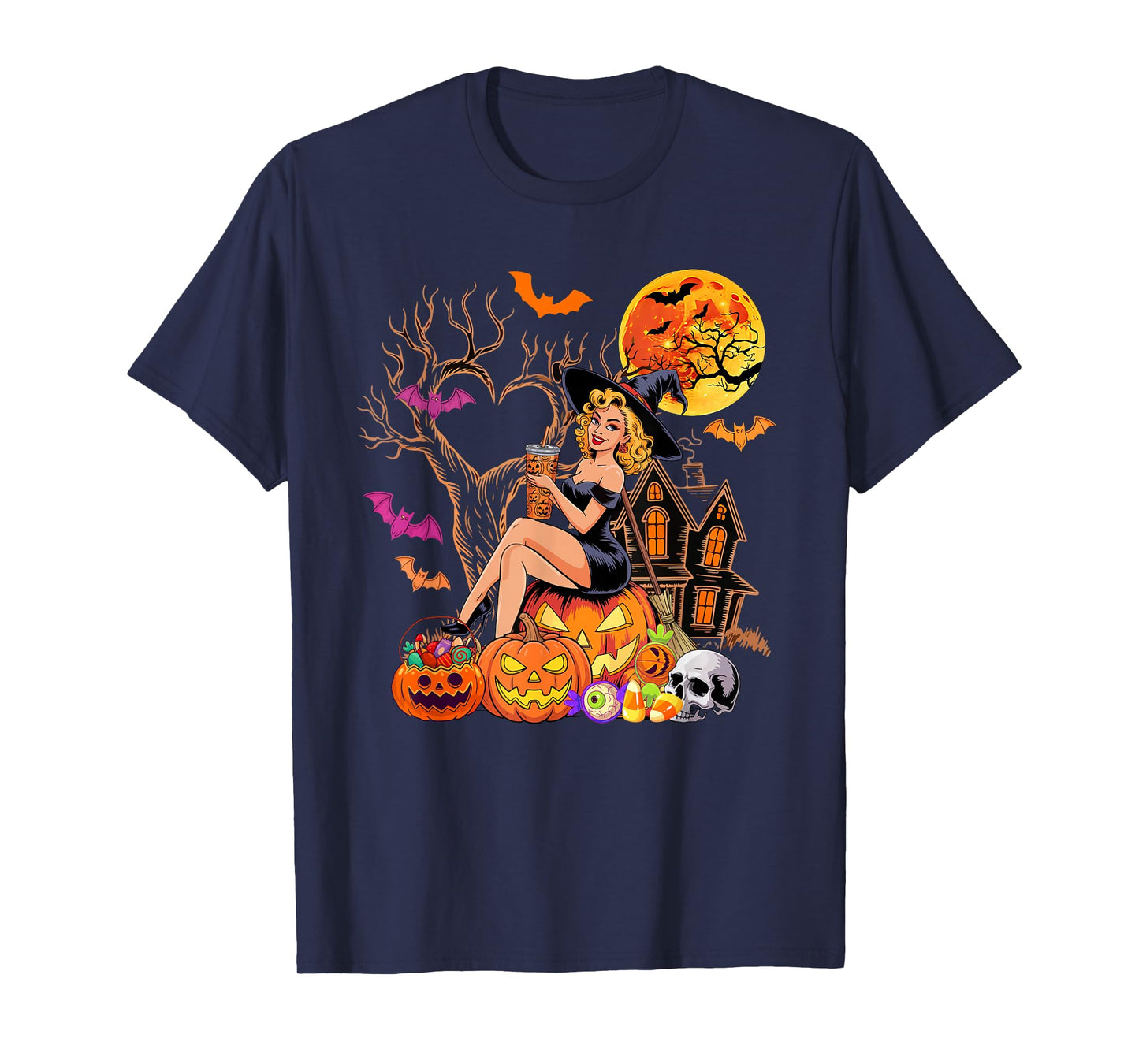 Witch Drinking Coffee Halloween Carved Pumpkin Funny Parties T-Shirt