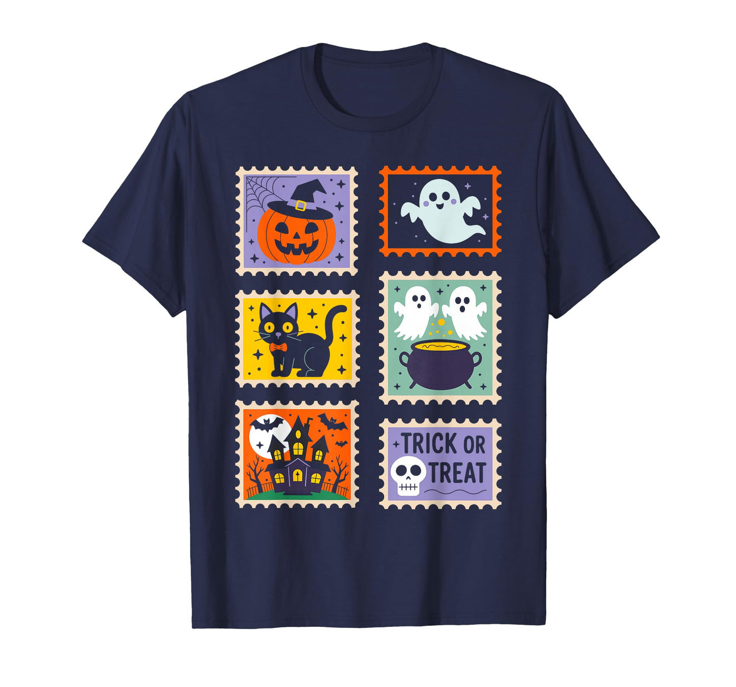 Halloween Stamps Spooky Pumpkin Ghost Cat Witch Skeleton T-Shirt