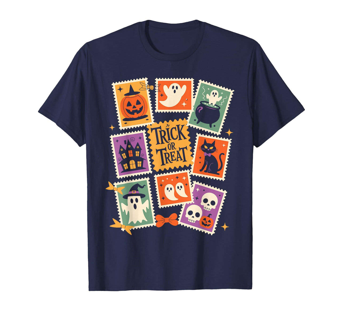 Halloween Stamps Spooky Pumpkin Ghost Cat Witch Skeleton T-Shirt