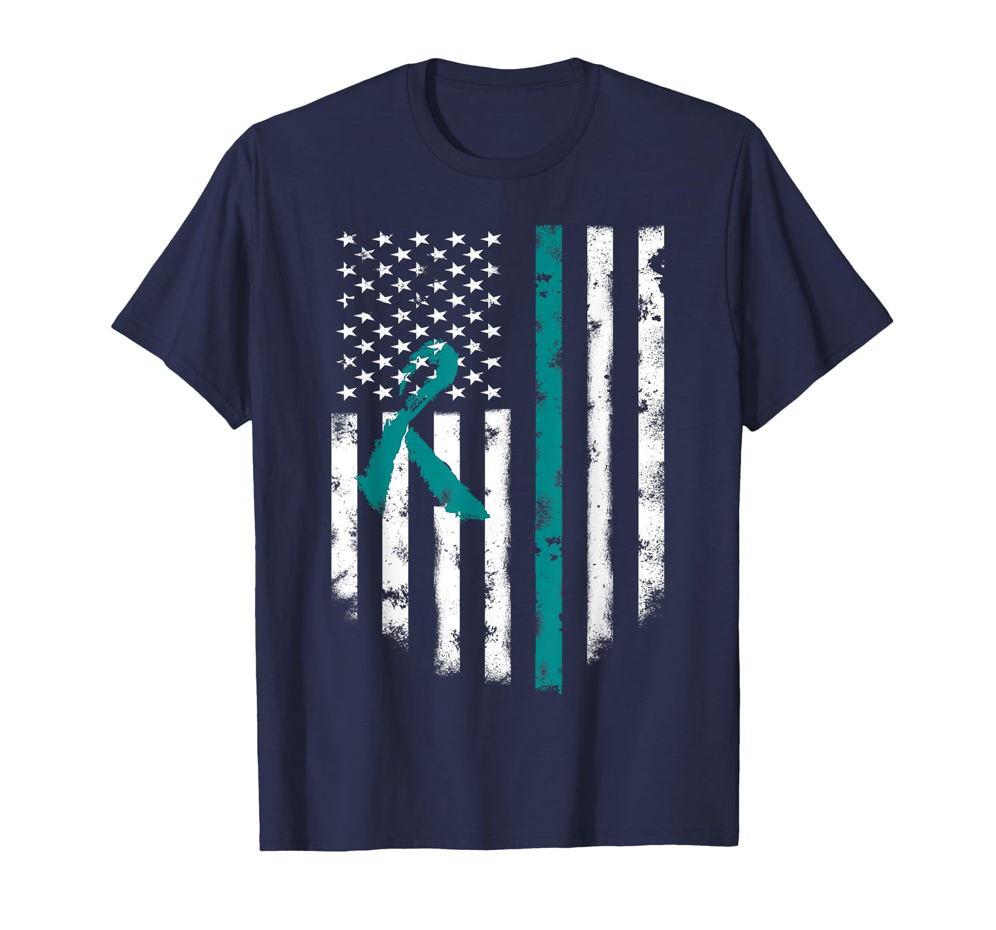 Ovarian Awareness T-shirt American Flag Teal Ribbon Top Tee
