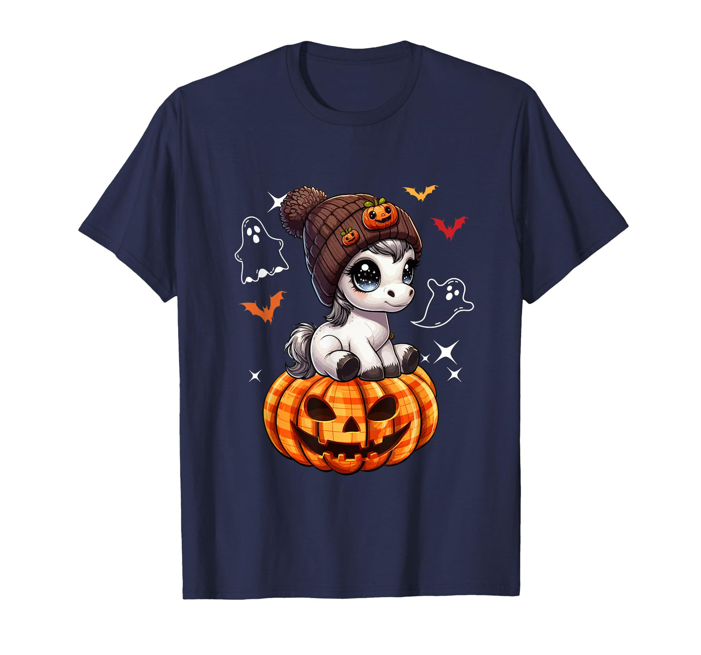 Horse Wearing Knitted Hat Halloween Carved Pumpkins Farmer T-Shirt