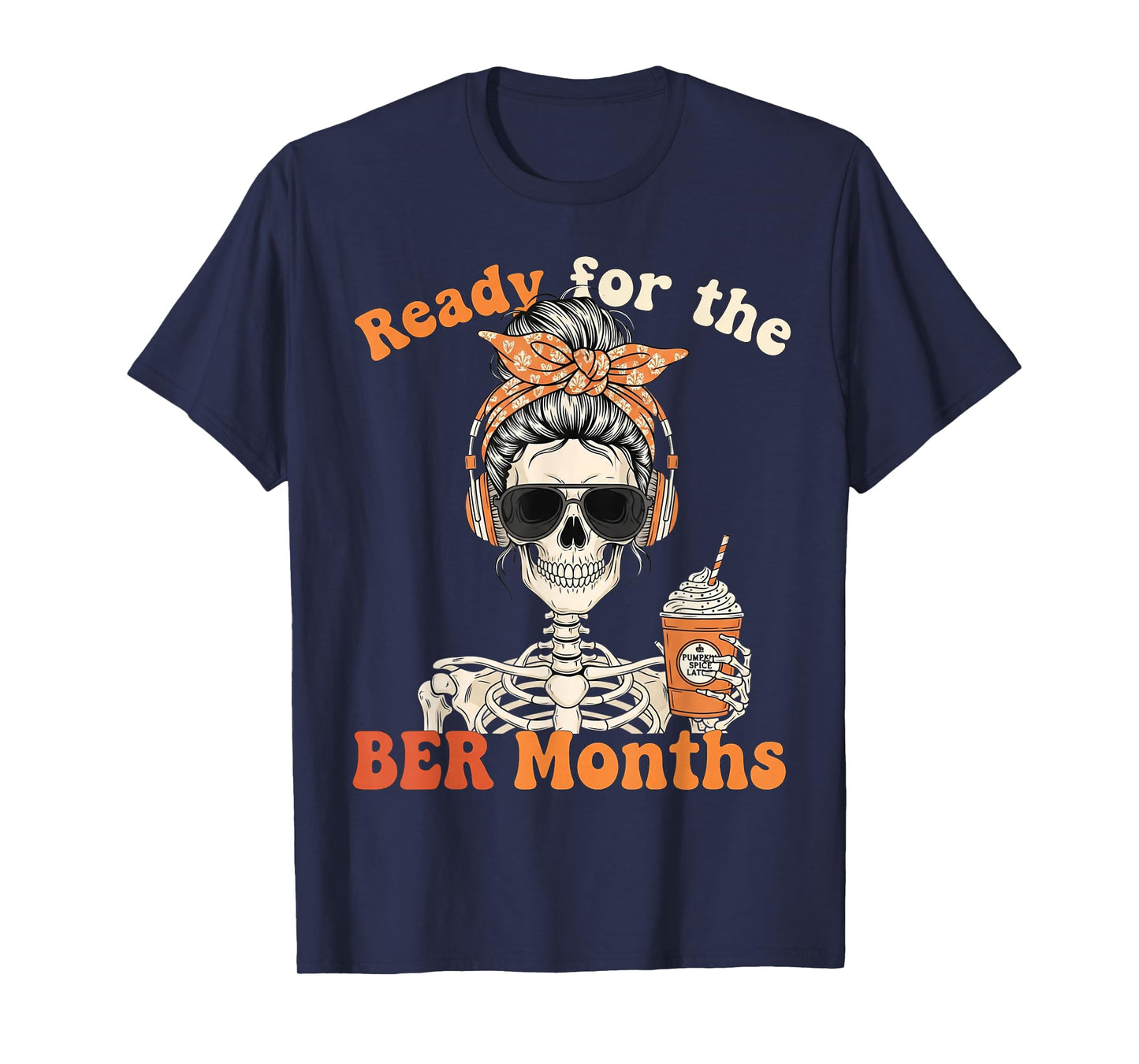 Skeleton Messy Bun Headphones Pumpkin Spice Music Coffee T-Shirt