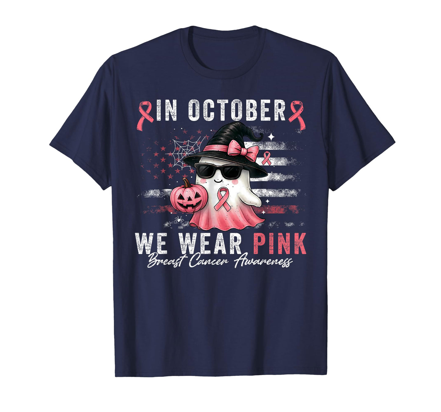 Breast Cancer Halloween in October We Wear Pink Us Flag T-Shirt