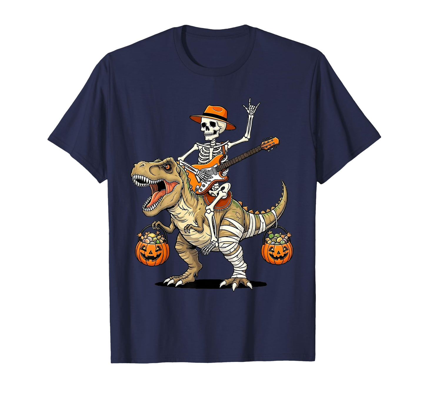 Funny Skeleton Dinosaur Halloween Guitar Rock Design Boys T-Shirt