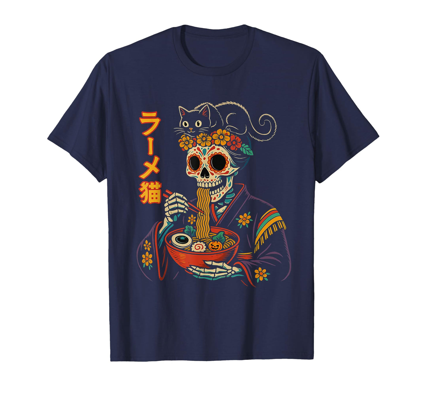 Geisha Skeleton Eating Ramen with Black Cat Japanese Retro T-Shirt