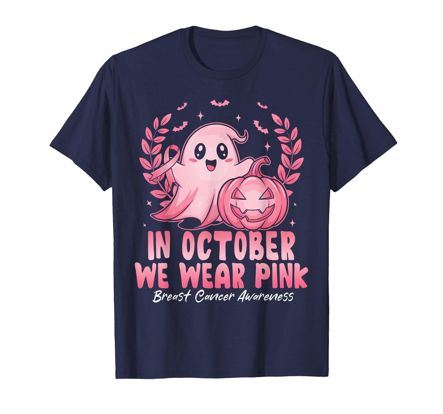 in October We Wear Pink Ghost Witch Breast Cancer Awareness T-Shirt