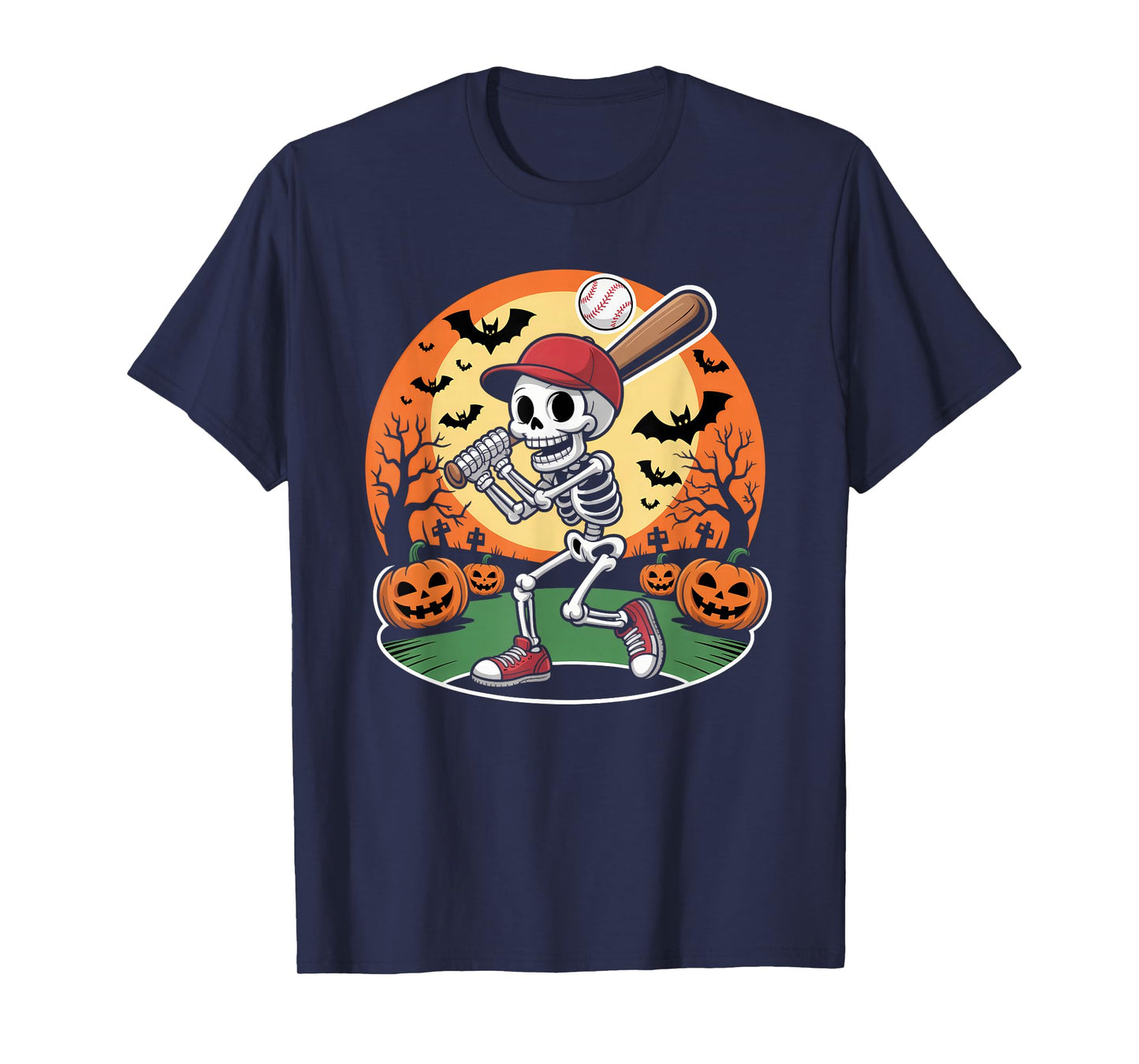 Baseball Skeleton Halloween Men Boys Baseball Spooky Season T-Shirt