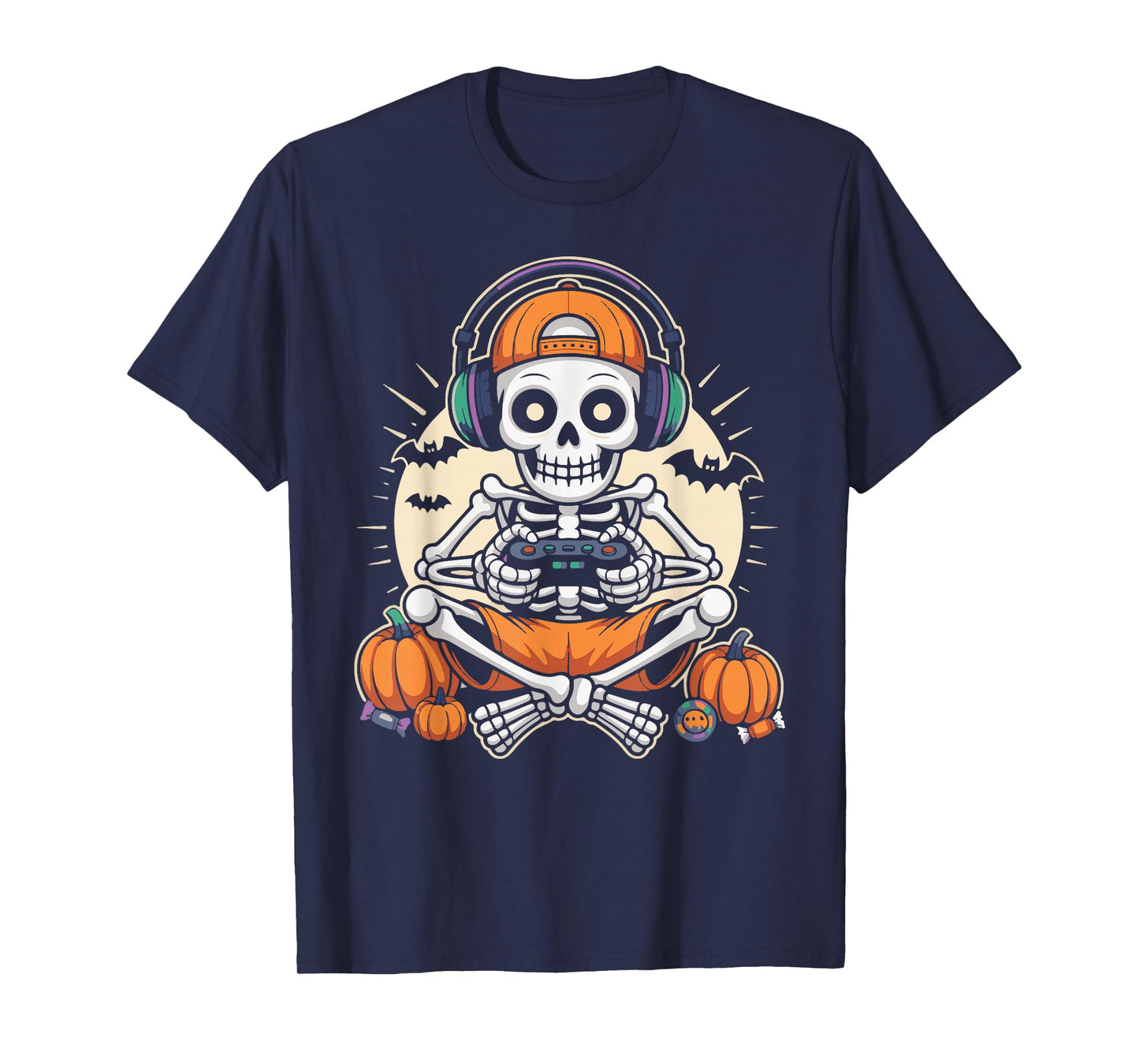 Skeleton Gamer Headphone Retro Halloween Gaming Boys Kids T-Shirt