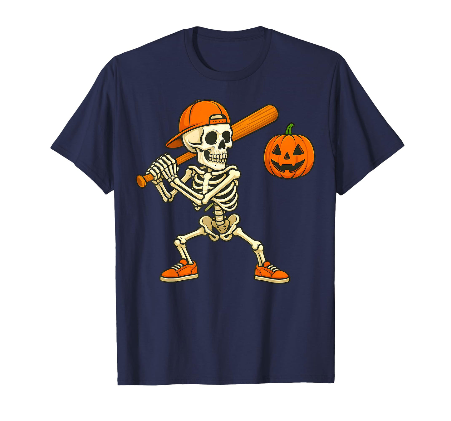 Funny Skeleton Batting Pumpkin Baseball Halloween Costume T-Shirt