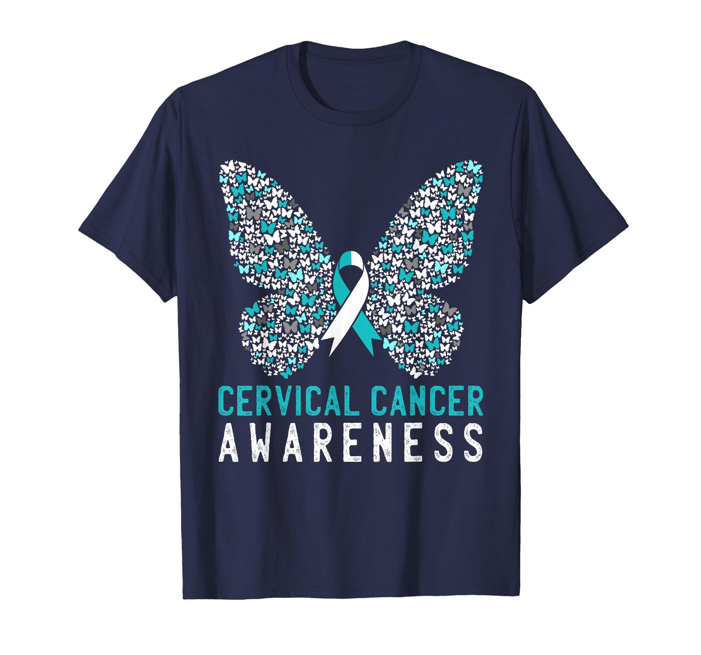 Butterfly Cervical Cancer Awareness Month White Teal Ribbon T-Shirt