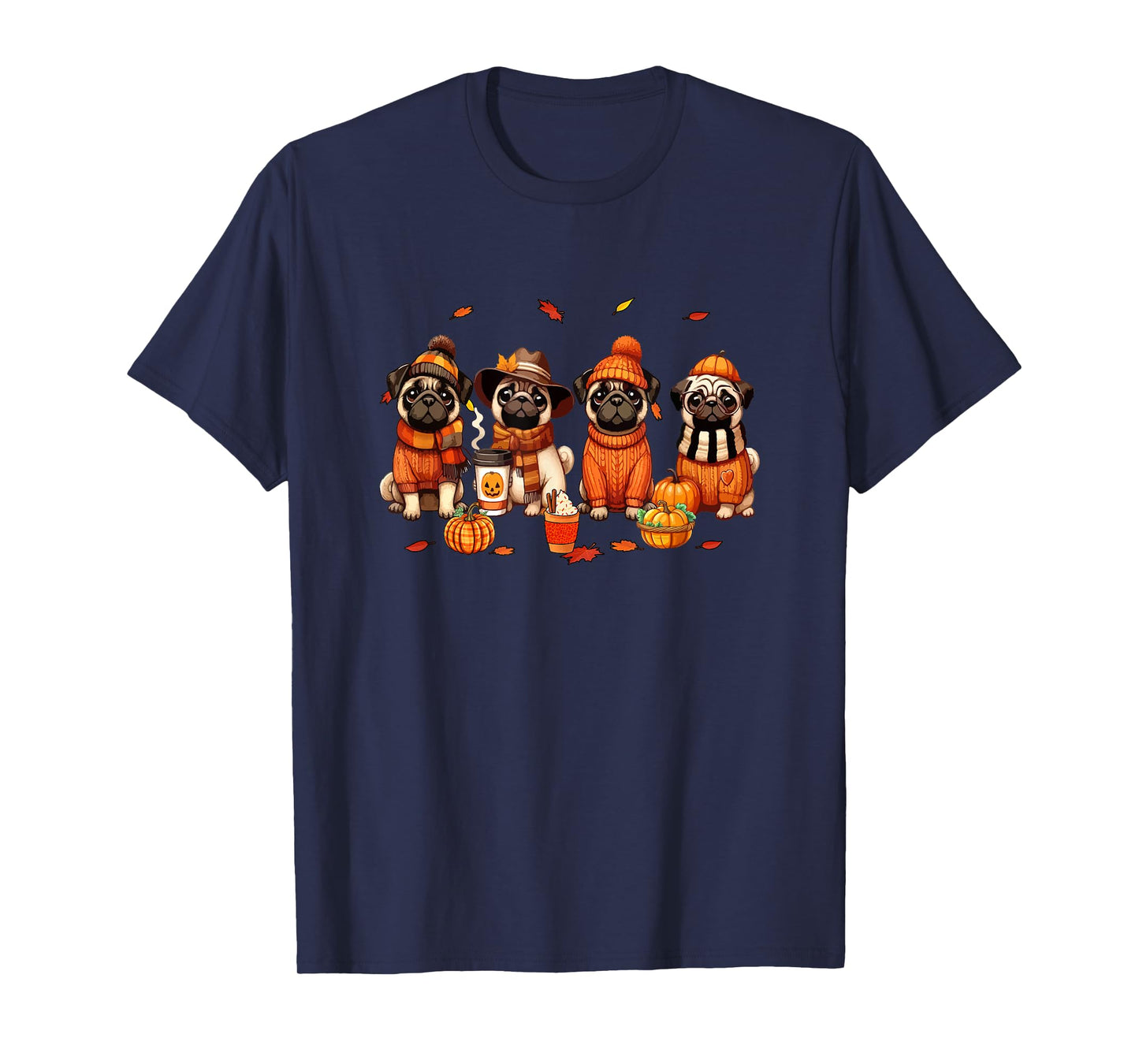 Group Pugs Thanksgiving Pilgrim Fall Leaves Pumpkins T-Shirt