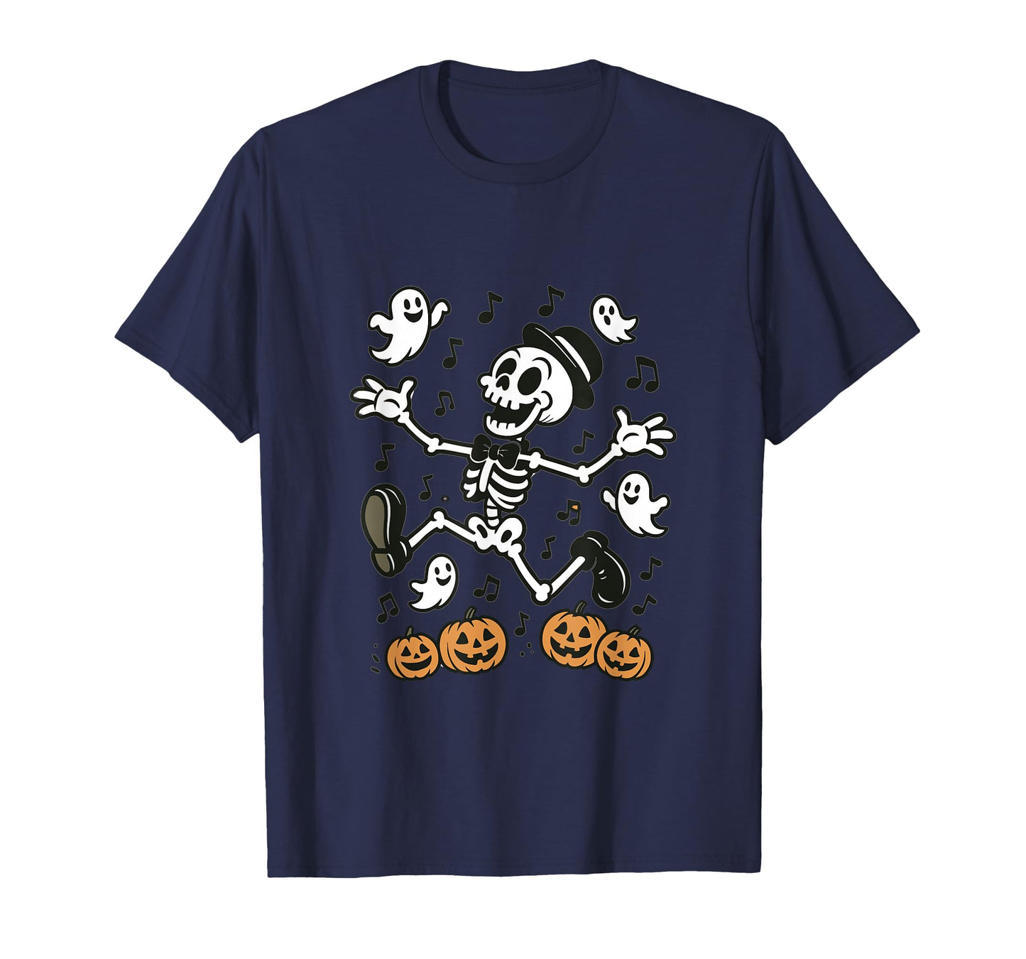 Dancing Skeleton with Pumpkins and Ghosts Halloween Design T-Shirt