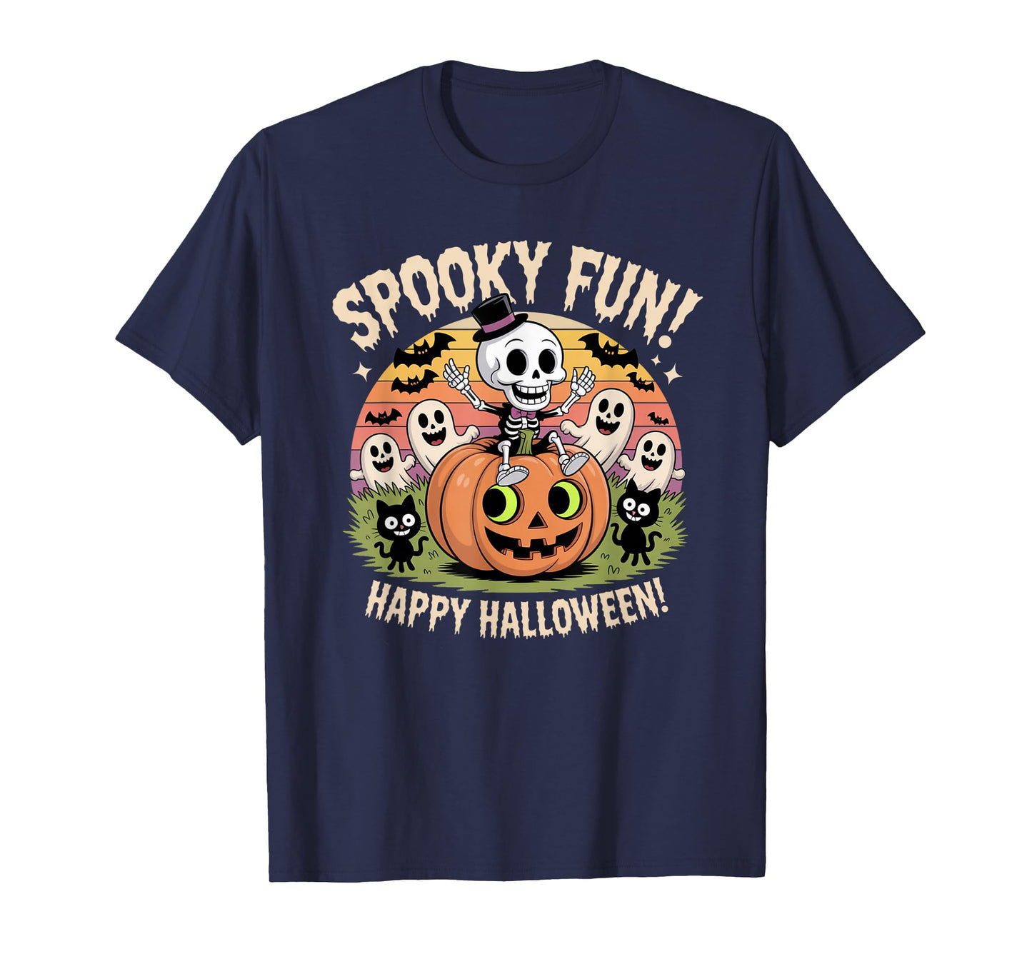 Spooky Fun Skeleton Pumpkin Ghosts Cat Kids Tee T-Shirt