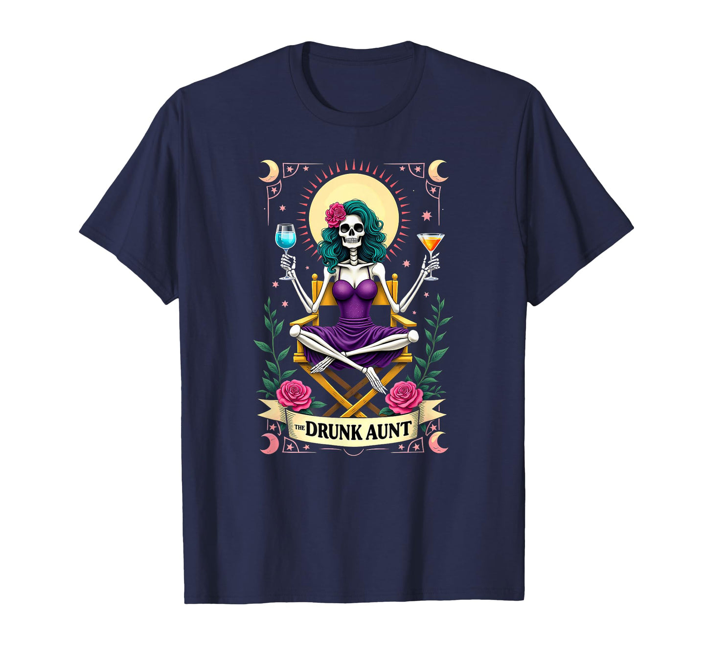 Gothic Tarot Card The Drunk Aunt Skeleton Halloween T-Shirt