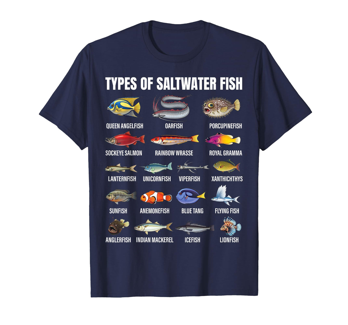Types of Saltwater Fish Ocean Species Biology Fishing Lovers T-Shirt