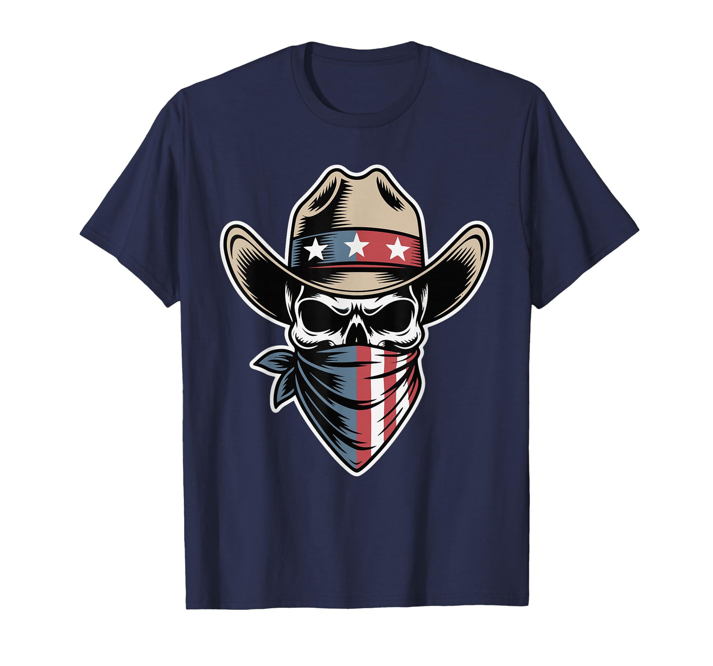 Western Cowboy Skeleton Skull Us American Flag Outlaw Rodeo T-Shirt