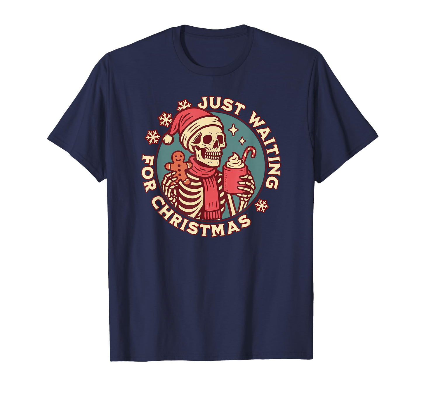 Just Waiting for Christmas Skeleton Drinking Hot Cocoa T-Shirt