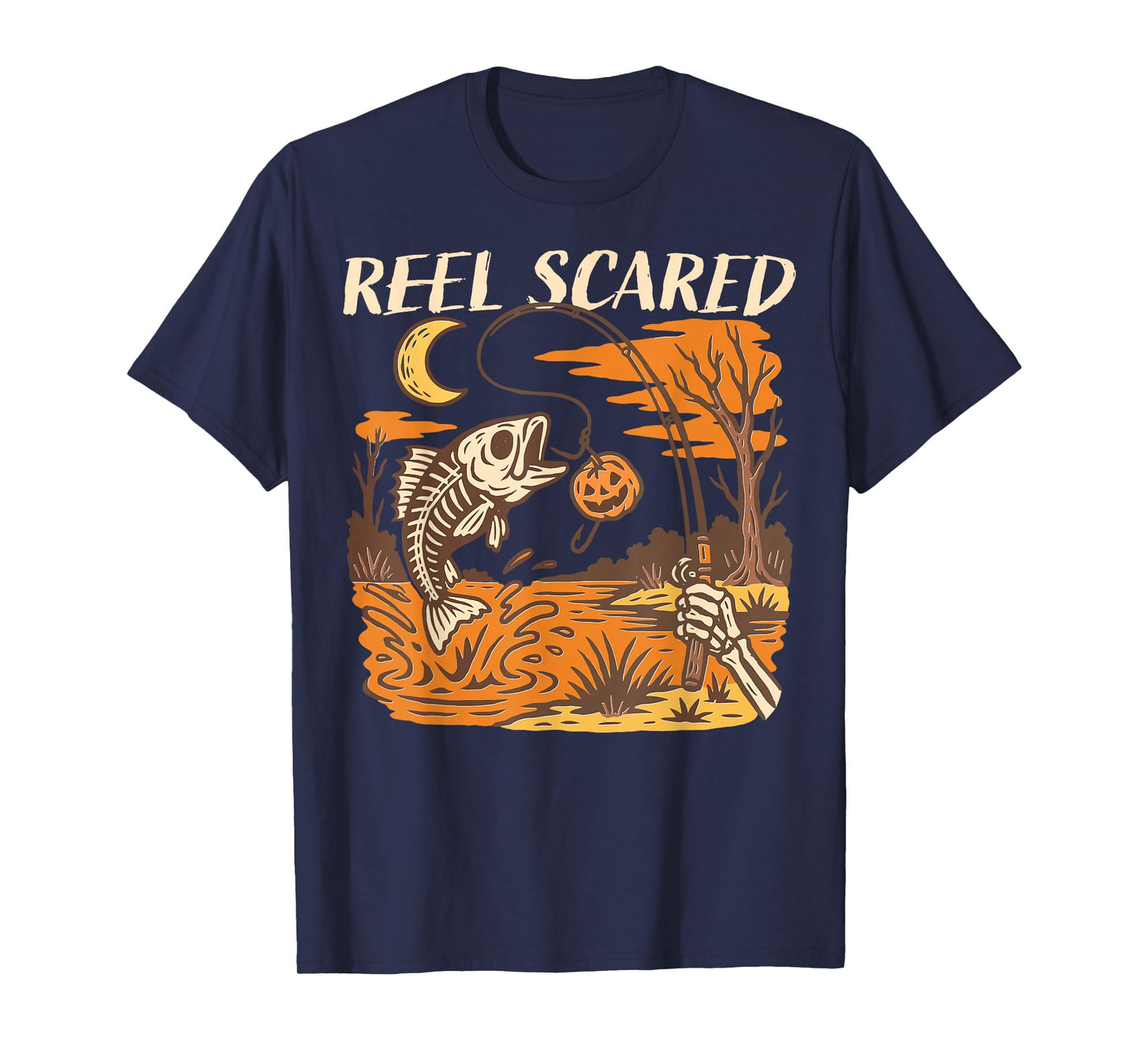 Reel Scared Halloween Fall Fishing Funny Skeleton Fisherman T-Shirt