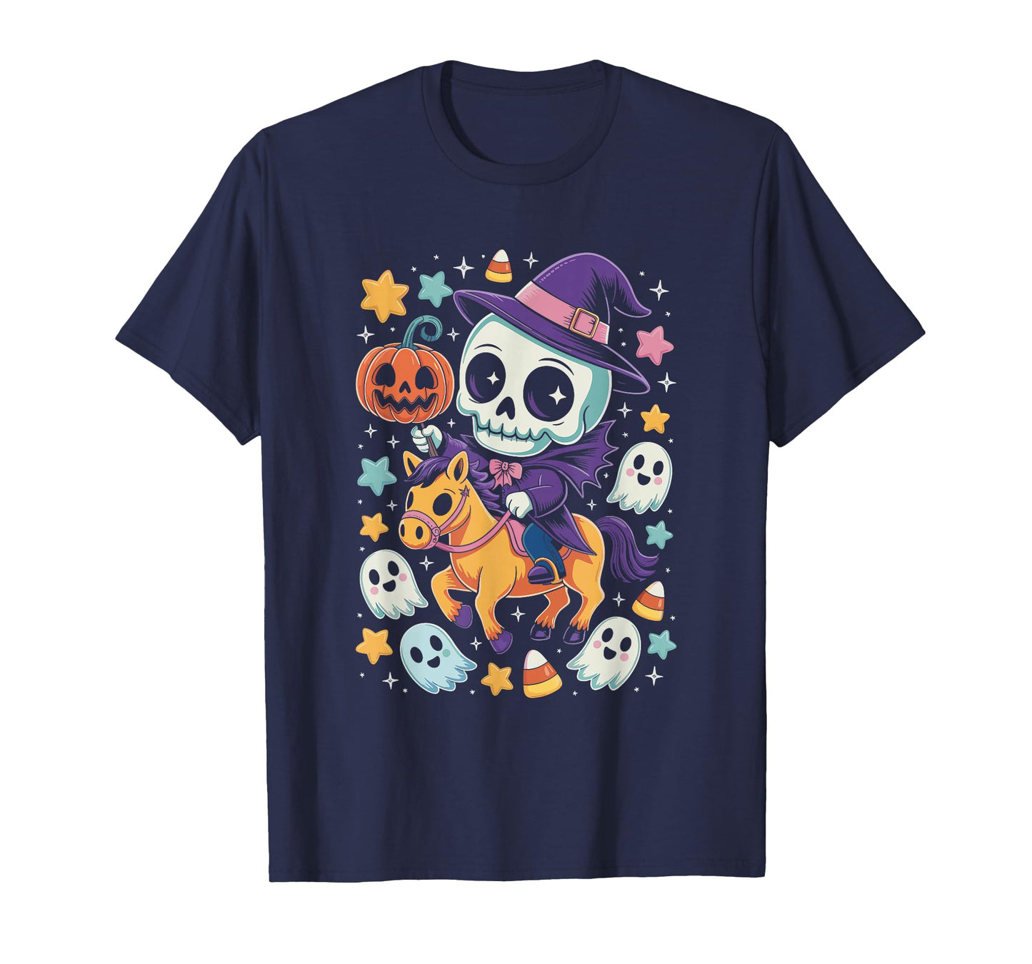 Headless Skeleton Rider Pumpkin Witch Hat Horse Halloween T-Shirt