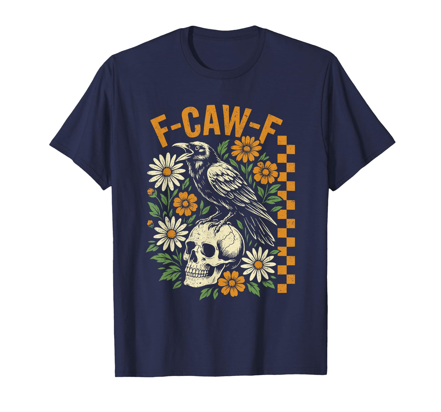 Retro Black Crow F-Caw-F Black Bird Skull Floral Halloween T-Shirt