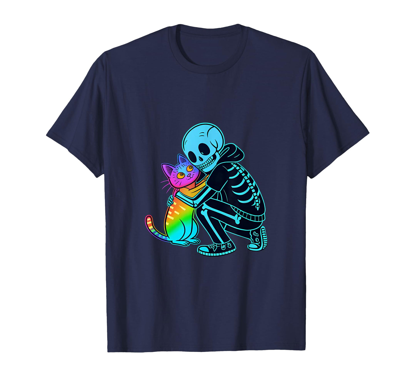 Skeleton Hugging Rainbow Cat Halloween T-Shirt