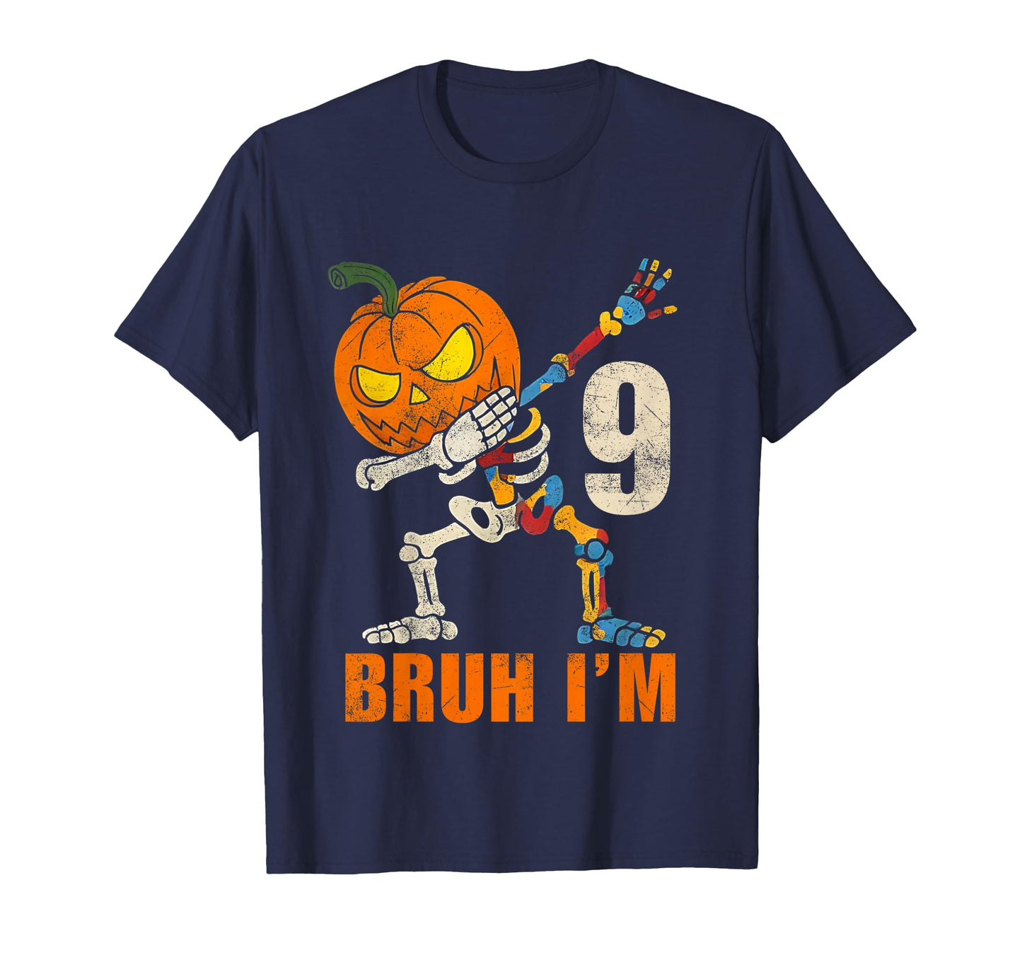 Kids Bruh I’m 9 Skeleton Autism Awareness Dabbing Halloween Boys T-Shirt
