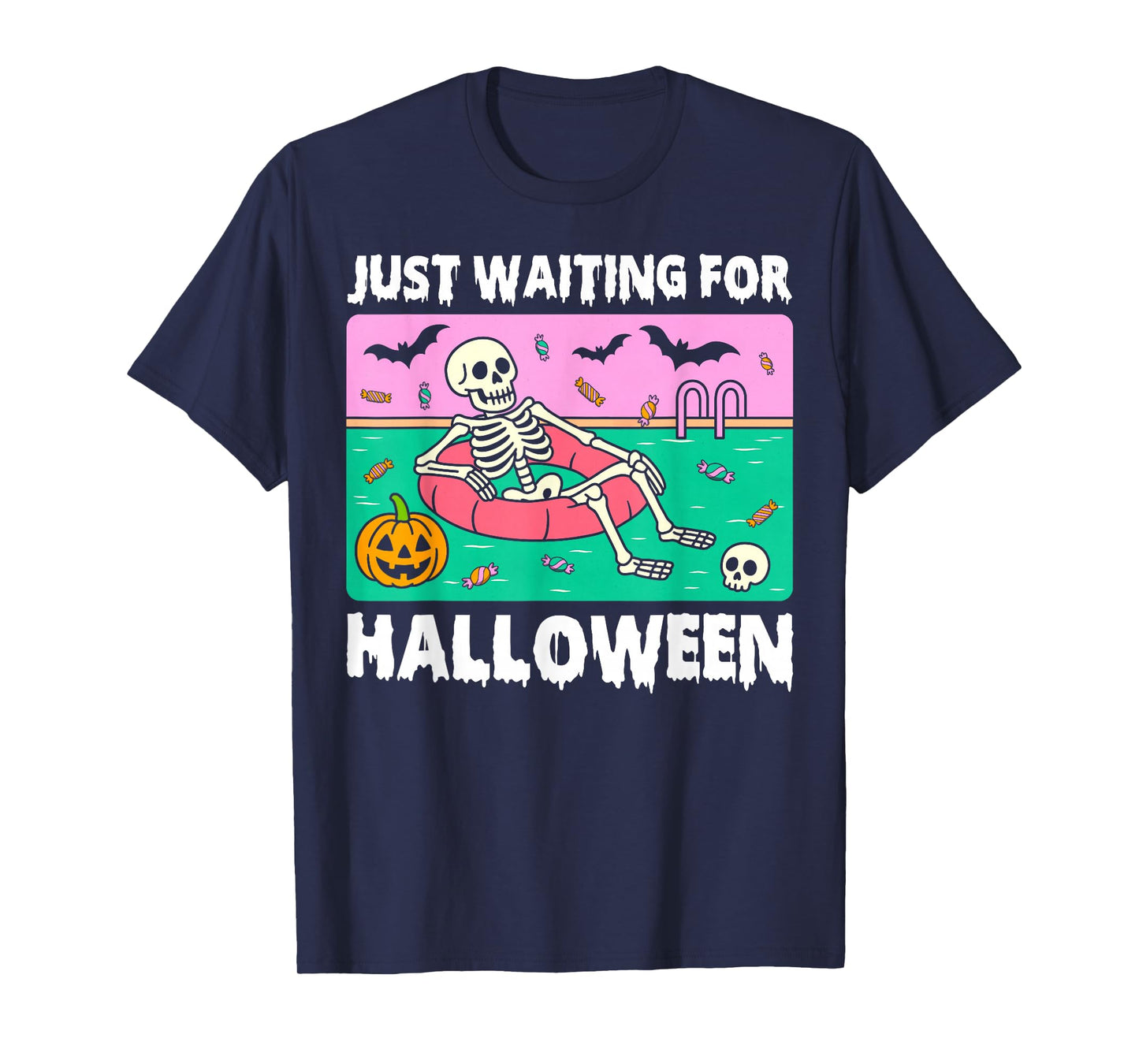 Spooky Summer Skeleton Just Waiting for Halloween Pumpkin T-Shirt