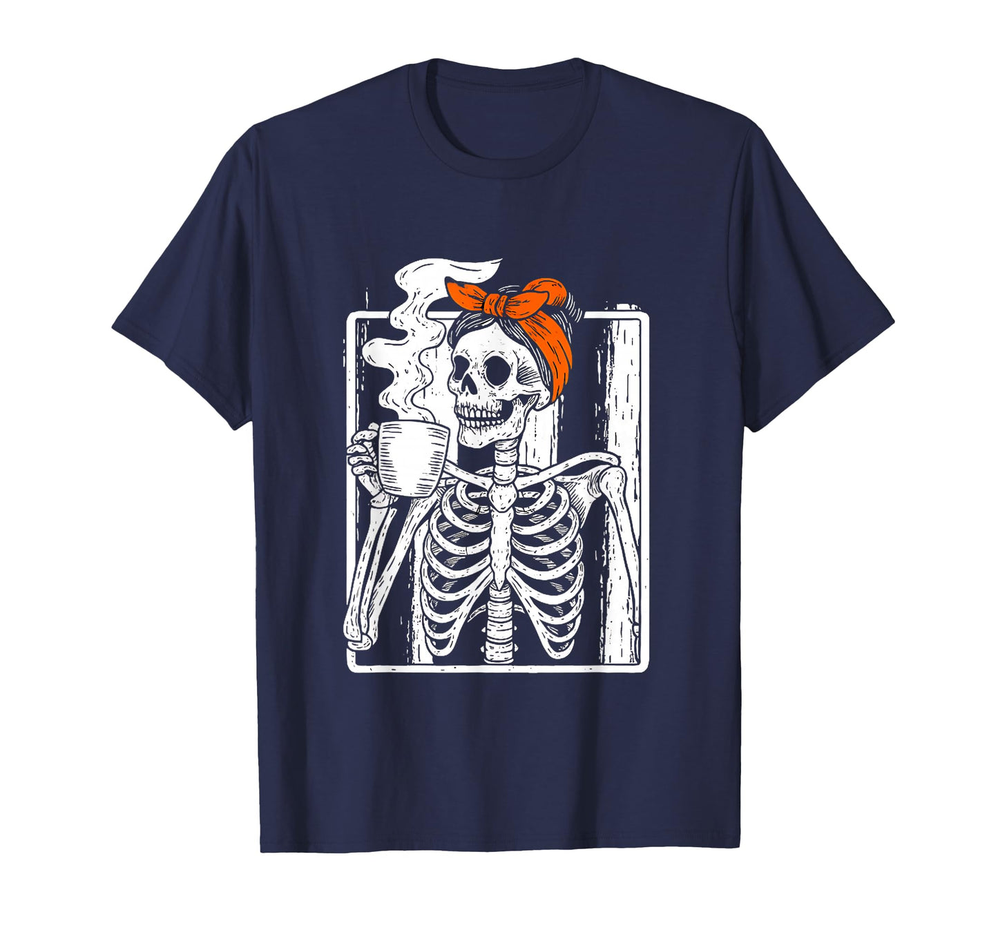 Halloween Coffee Drinking Skeleton Messy Bun Women Girl T-Shirt