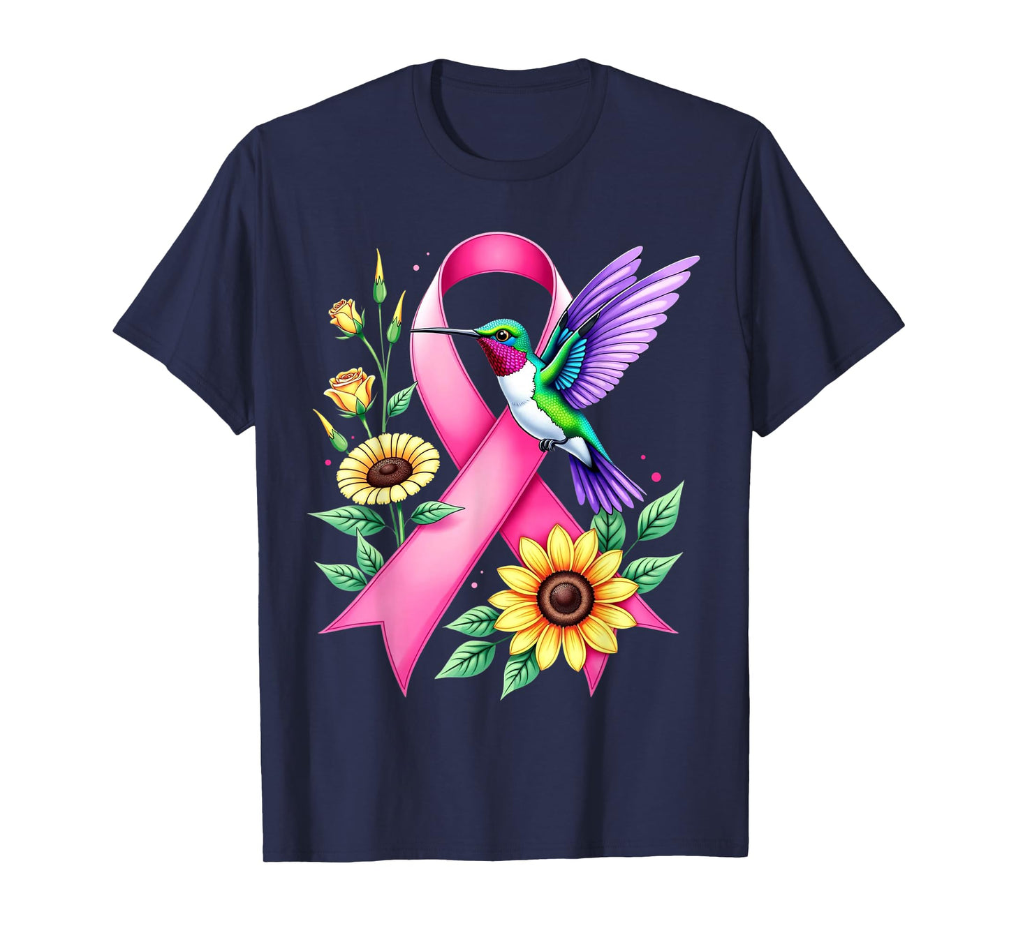Hummingbird Sunflower Pink Ribbon Breast Cancer Awareness T-Shirt