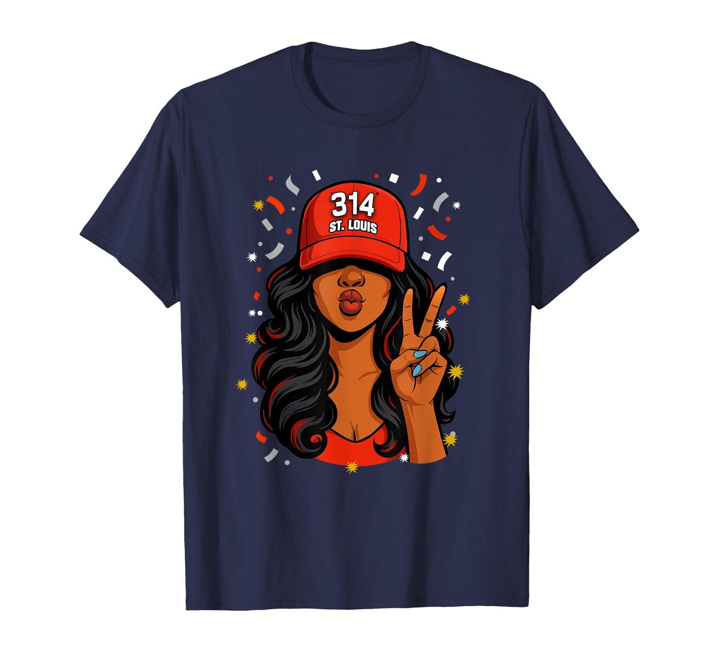 St. Louis 314 Black Woman Wearing Red Hat T-Shirt - T-Shirt | Navy
