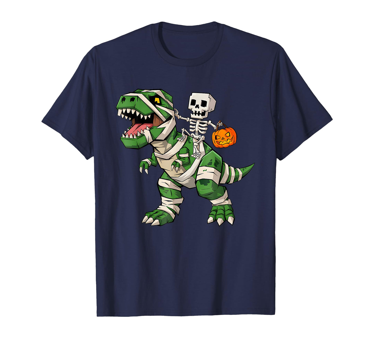 Skeleton Riding Mummy Dinosaur T Rex Kids Boys Men Halloween T-Shirt