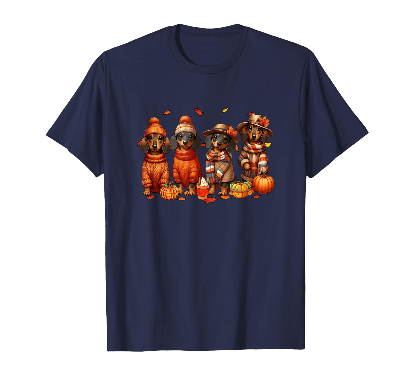 Group Dachshunds Thanksgiving Pilgrim Fall Leaves Pumpkins T-Shirt