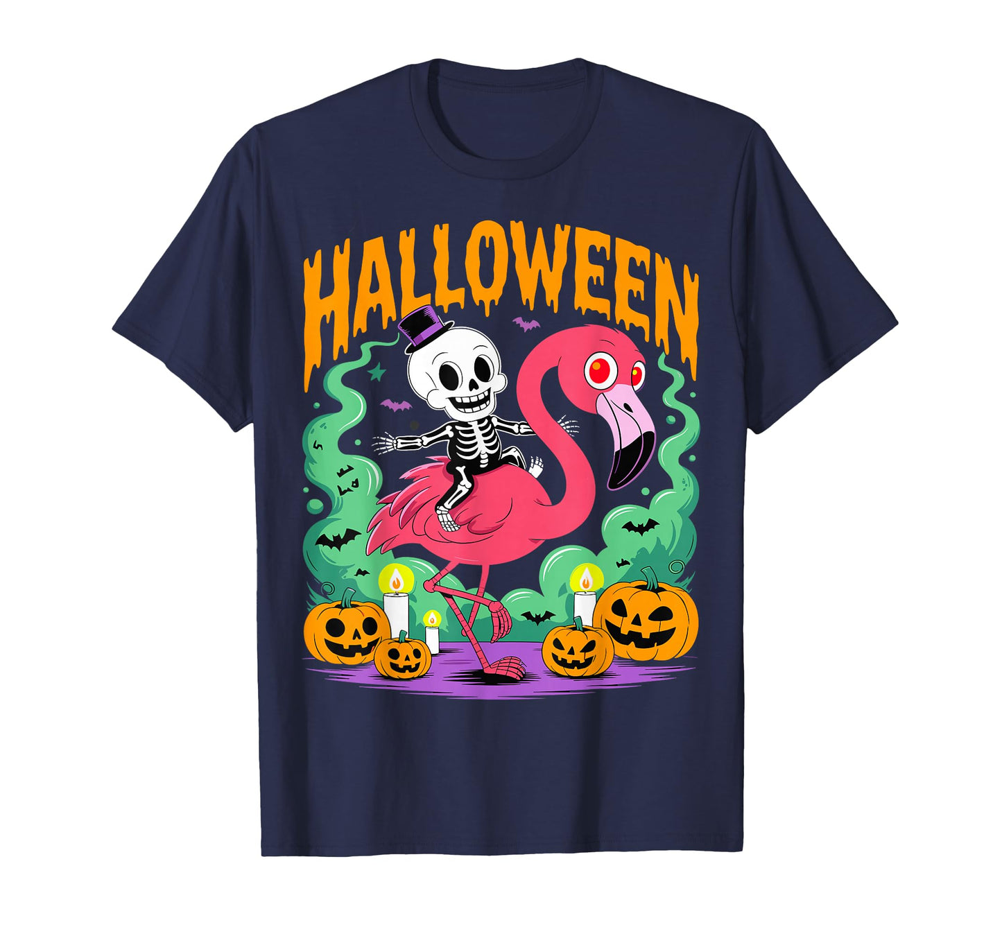 Funny Skeleton Riding Flamingo Halloween Spooky T-Shirt