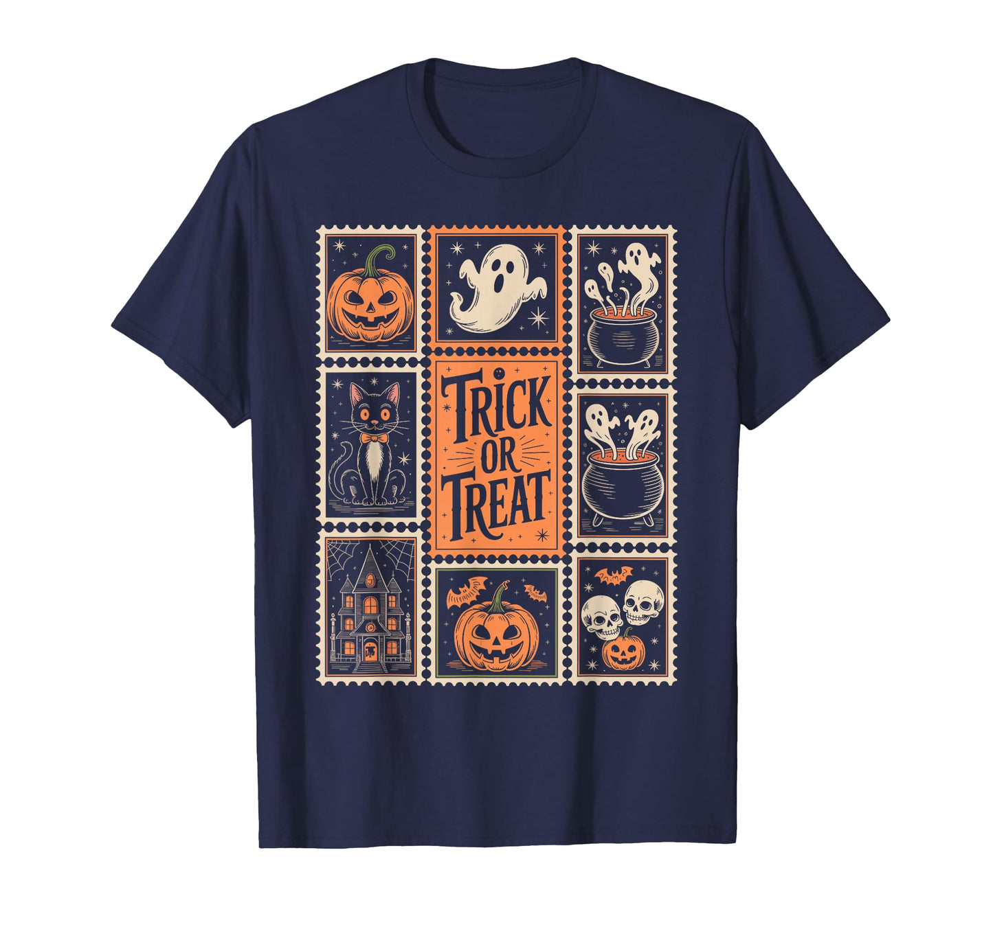 Halloween Stamps Spooky Pumpkin Ghost Cat Witch Skeleton T-Shirt