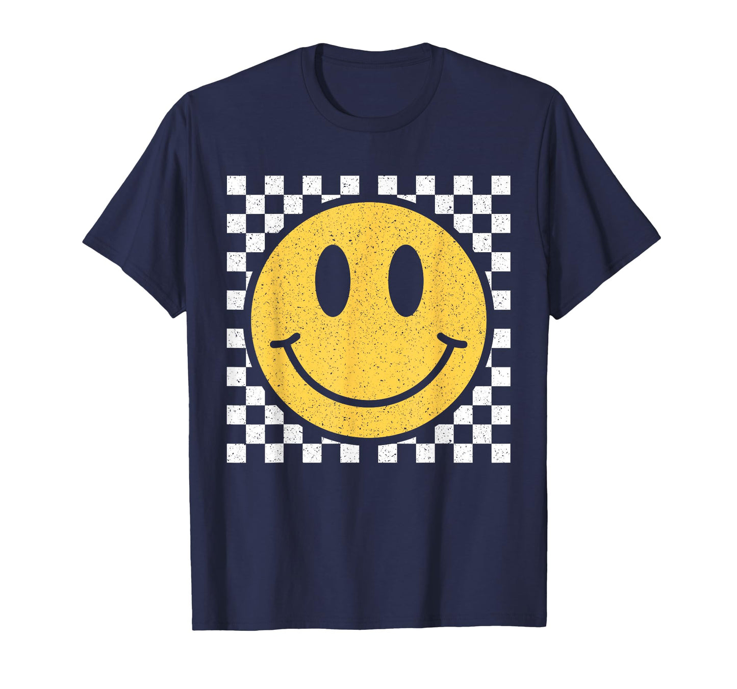 Retro Yellow Happy Face Checkered Pattern Smile Face Trendy T-Shirt