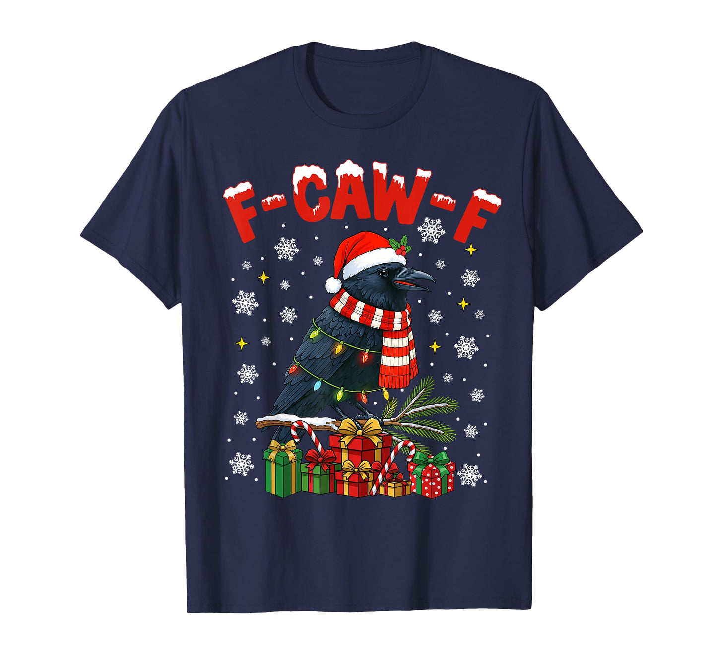 Black Crow F-Caw-F Funny Retro Christmas Lights Santa Hat T-Shirt