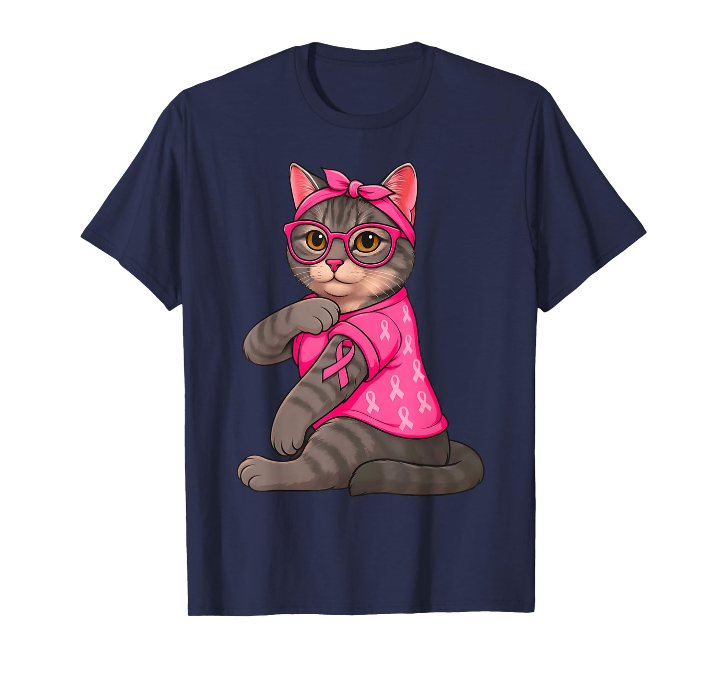 Cute Funny Cat Tattoo Pink Breast Cancer Awareness Men Women T-Shirt