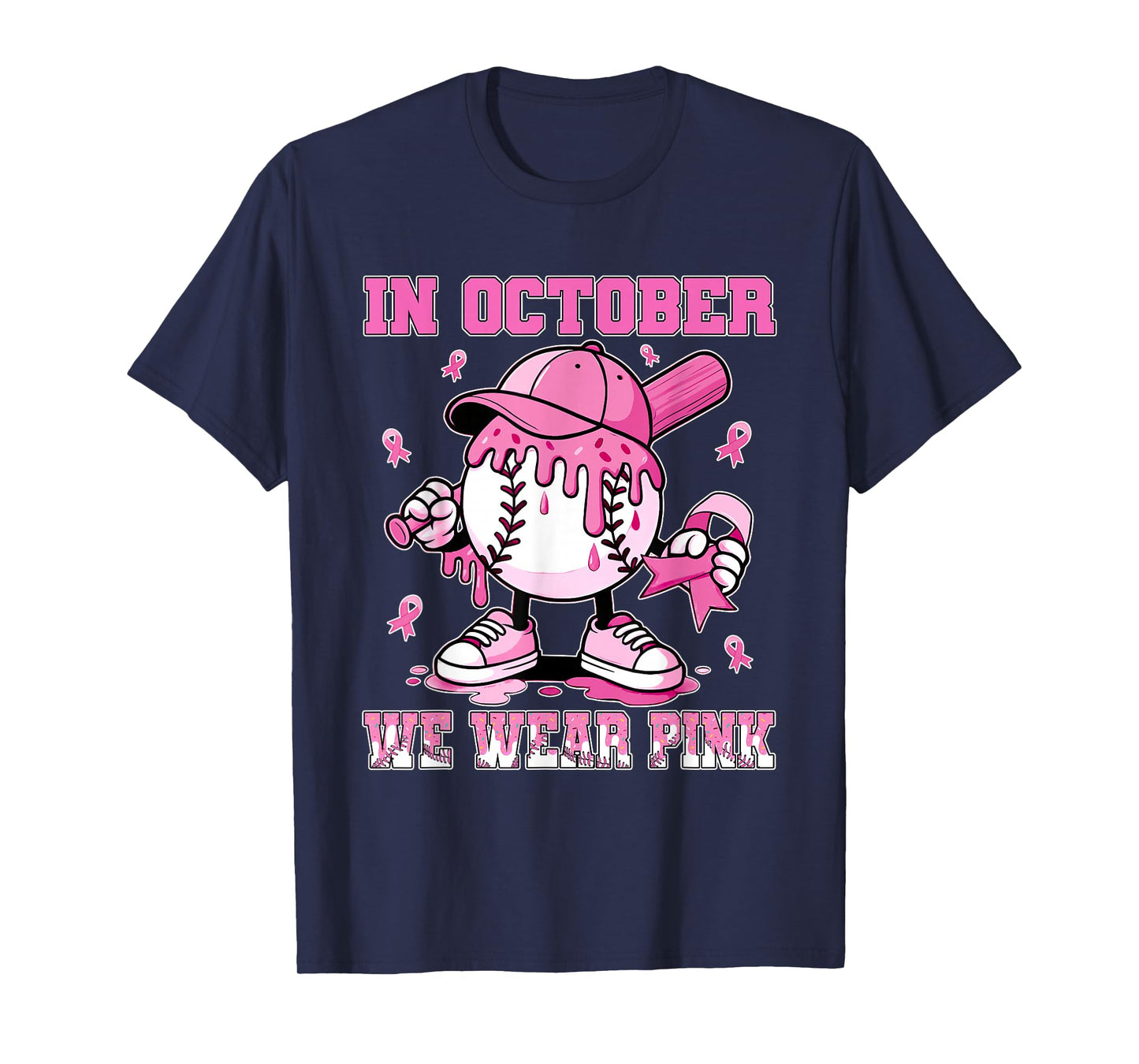 in October We Wear Pink Baseball Drip Breast Cancer T-Shirt