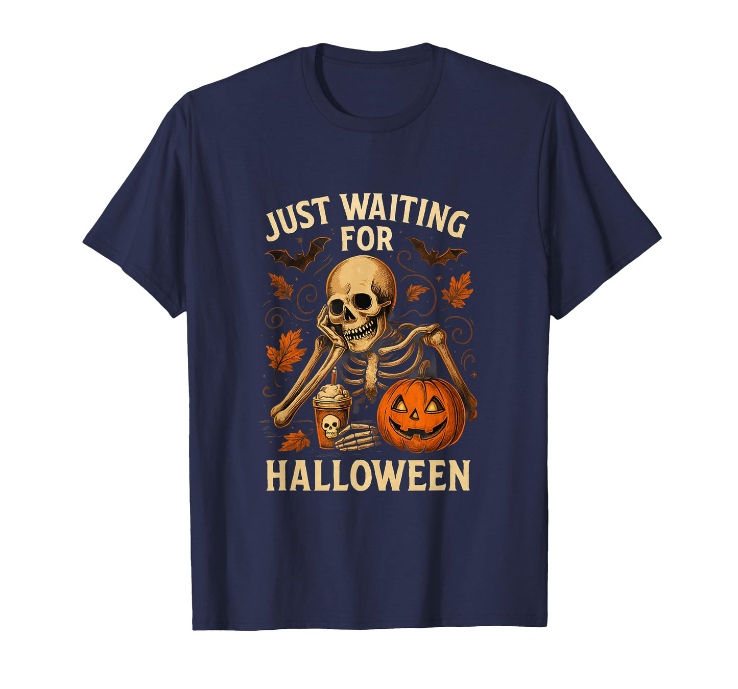 Witty Skeleton Just Waiting for Halloween Pumpkin Autumn T-Shirt